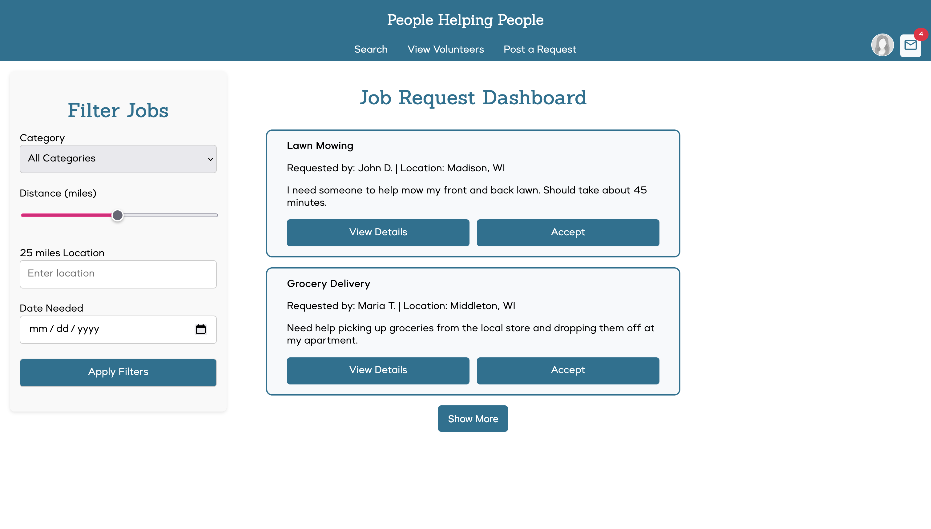 The job request dashboard of People Helping People